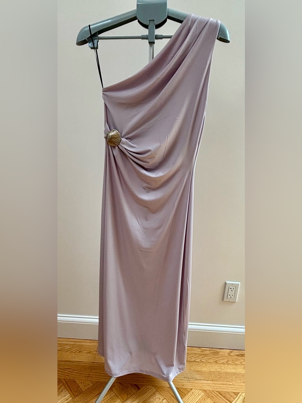 H&M One-Shoulder Draped Midi Dress in Mauve with Metallic Shell Accent